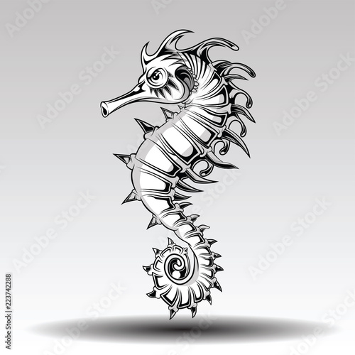 Hand drawn sea horse style for tattoo.