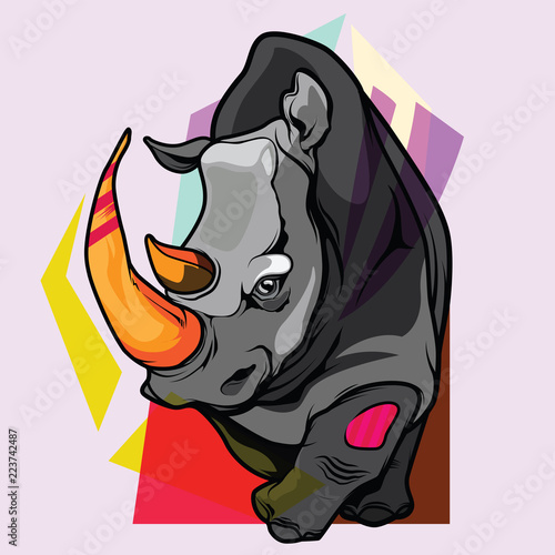 hand drawn illustration of rhino with decorative elements.