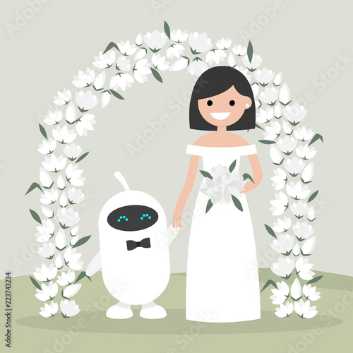 A Couple of newly weds standing behind the floral arch. Utopian concept. Bride and groom. Futuristic family. New technologies. Artificial intelligence. Human and robot. Garden ceremony.