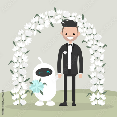 A Couple of newly weds standing behind the floral arch. Utopian concept. Bride and groom. Futuristic family. New technologies. Artificial intelligence. Human and robot. Garden ceremony.