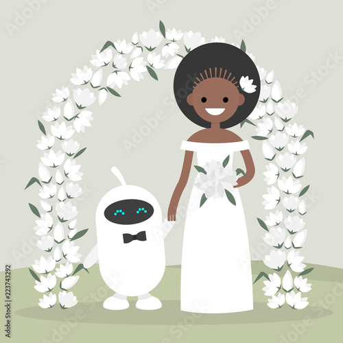 A Couple of newly weds standing behind the floral arch. Utopian concept. Bride and groom. Futuristic family. New technologies. Artificial intelligence. Human and robot. Garden ceremony.