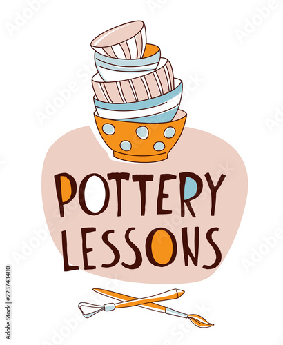 Clay Pottery Lessons Studio. Artisanal Creative Craft logo concept. Handmade traditional pottery making, stack of bowls, cups, dishes and crockery hand drawn vector illustration doodle style