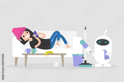 New technologies. Smart home. Cleaning the apartment. Cute white robot holding the cleaning tools: a feather duster and a cleaning spray / flat editable vector illustration, clip art