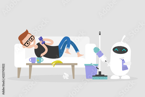 New technologies. Smart home. Cleaning the apartment. Cute white robot holding the cleaning tools: a feather duster and a cleaning spray / flat editable vector illustration, clip art