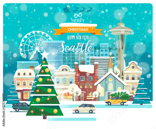 Merry Christmas and Happy New Year in Seattle. Greeting festive card from the USA. Winter snowing city with cute cozy houses and snowflakes.
