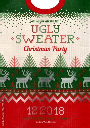 Ugly sweater Christmas party invite. Vector illustration Handmade knitted background pattern with deers, christmas tree and snowflakes, scandinavian ornaments. White, red, green colors. Flat style
