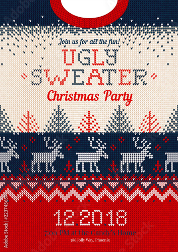Ugly sweater Christmas party invite, knitted background pattern scandinavian ornaments
