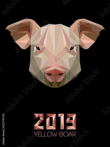 Pig is symbol of New 2019 year, according to Chinese calendar Year of Yellow Earthen Boar. Snout of a domestic pig in polygons style. Farm Pets