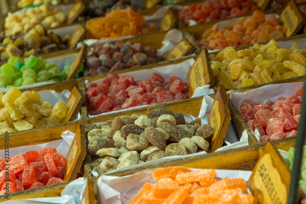 Traditional gumdrops displayed in a street market (Avila, Spain). Product portfolio concept.