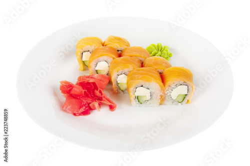 Sushi, rolls, uramaki, philadelphia, with salmon, avocado, cucumber, cheese, raw seafood, soy sauce, marinated ginger and wasabi, food on plate white isolated background Side view For the menu