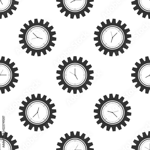 Clock gear icon seamless pattern on white background. Time Management symbol. Flat design. Vector Illustration