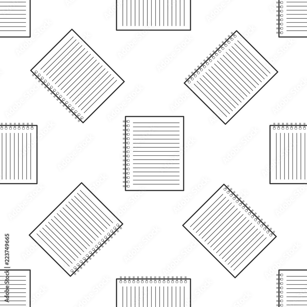 Notebook icon seamless pattern on white background. Spiral notepad icon. School notebook. Writing pad. Diary for business. Notebook cover design. Office stationery items. Vector Illustration Notebook icon seamless pattern on white background. Spiral notepad icon. School notebook. Writing pad. Diary for business. Notebook cover design. Office stationery items. Vector Illustration