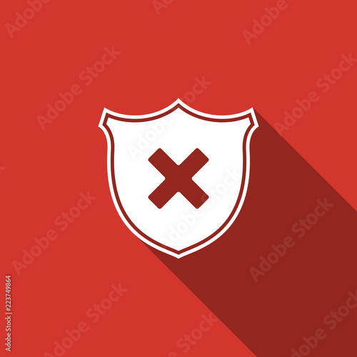 Shield and cross x mark icon isolated with long shadow. Denied disapproved sign. Protection and safety or security, reliability concepts. Flat design. Vector Illustration