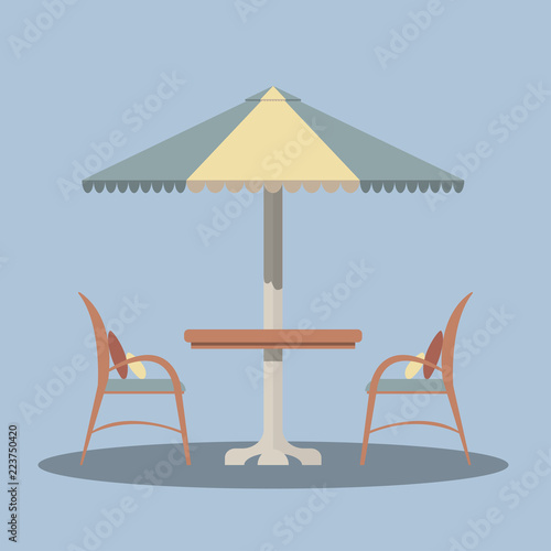 Bistro round table with open umbrella tent and two chairs