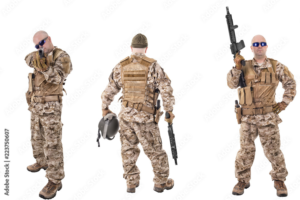 Fototapeta premium Set of military soldiers in camouflage clothes, isolated on white backgroud. Ready for action.
