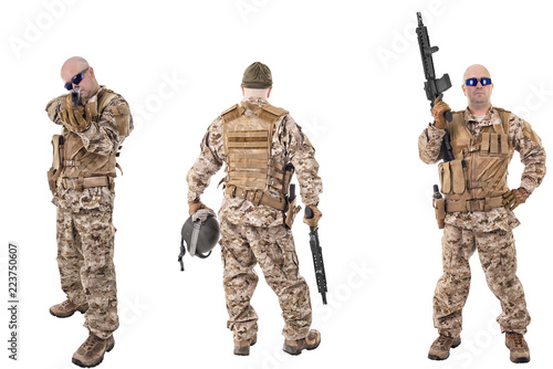 Set of military soldiers in camouflage clothes, isolated on white backgroud. Ready for action.