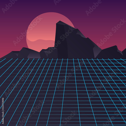 retro future label with mountains scene