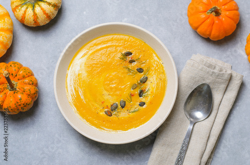 Pumpkin Soup with Cream, Dill and Pumpkin Seeds, Top View