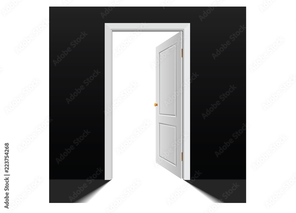 Doorway with an open white door. Welcome to the real world. Doorway with an open white door. Welcome to the real world.