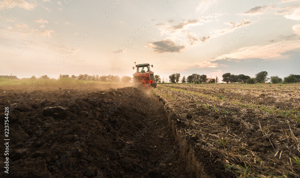 Fototapeta premium Farmer plowing stubble field