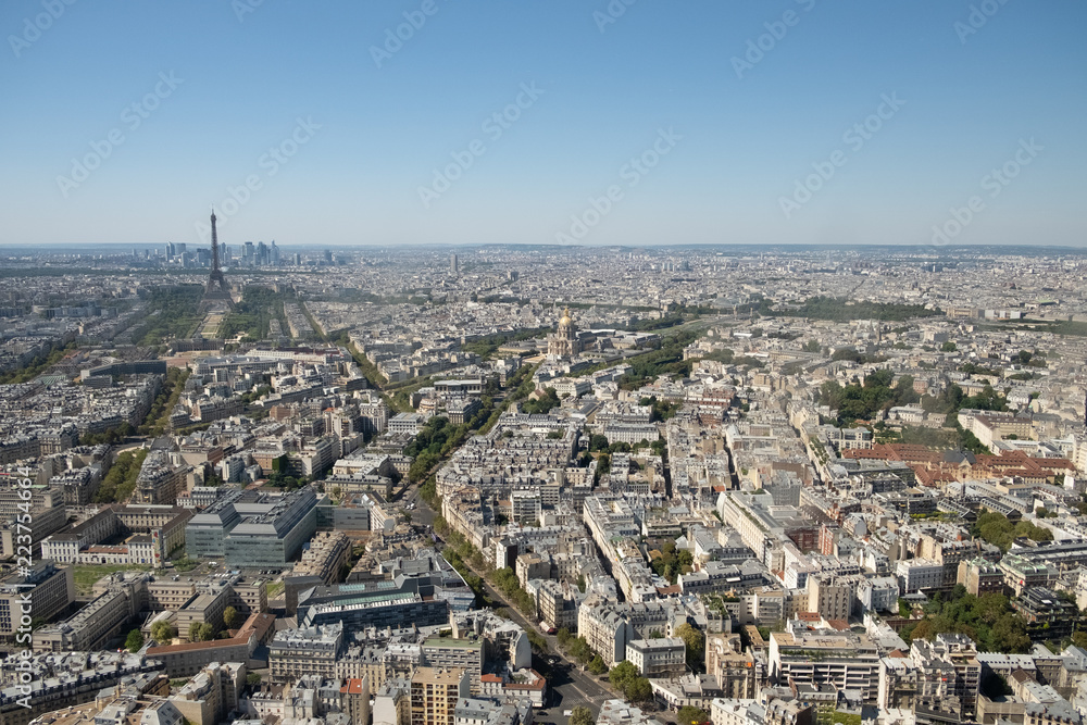 Paris skyline with Eiffel Tower, Les Invalides and business district of Defense, as seen from Montparnasse Tower, Paris, France