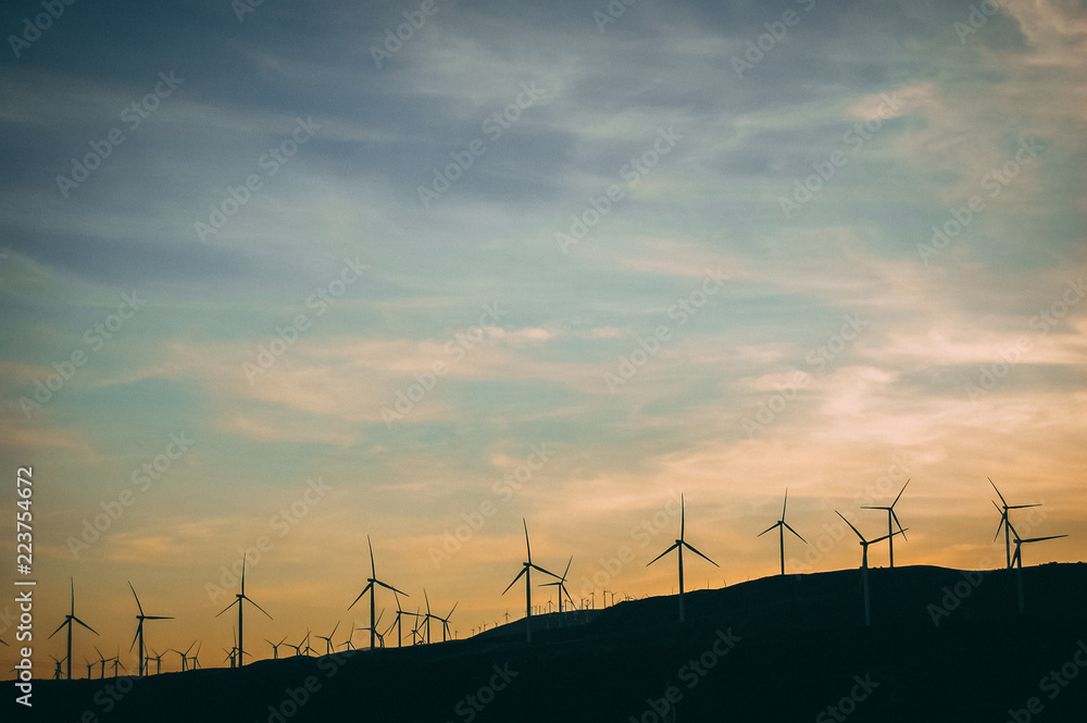 Fototapeta premium Wind turbines at sunset