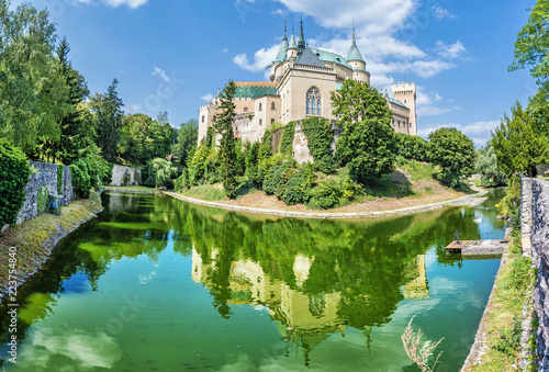 Bojnice castle is mirrored in water, Slovakia