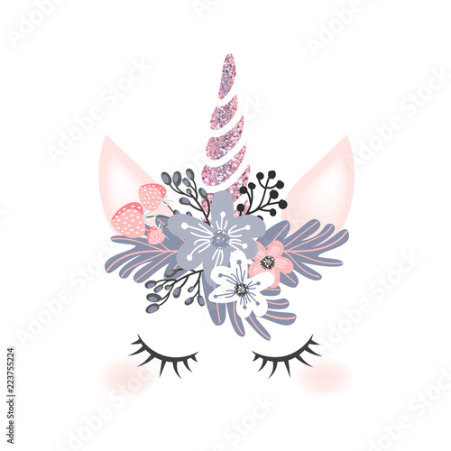 Cute unicorn head with flower crown and rosegold glitter horn  isolated on white background. Vector hand drawn illustration for card and shirt design.