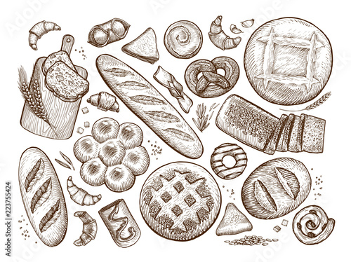 Bread, baked goods sketch. Bakery, bakeshop, food concept. Vintage vector illustration