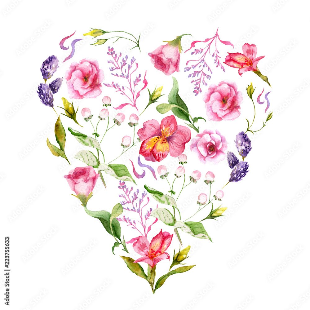 watercolor drawings of summer flowers, a heart