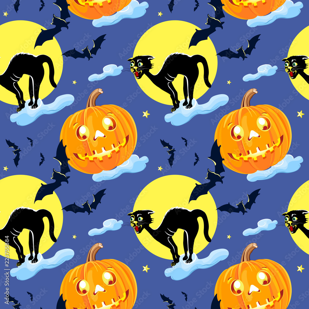 Cat and pumpkin seamless Pattern Halloween wallpaper background cartoon.  Stock Illustration | Adobe Stock