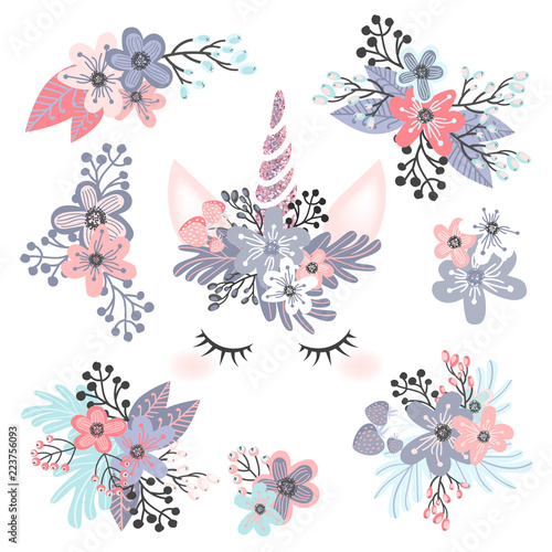 Cute unicorn head with flower crown and rosegold glitter horn  isolated on white background. Vector hand drawn illustration for card and shirt design.