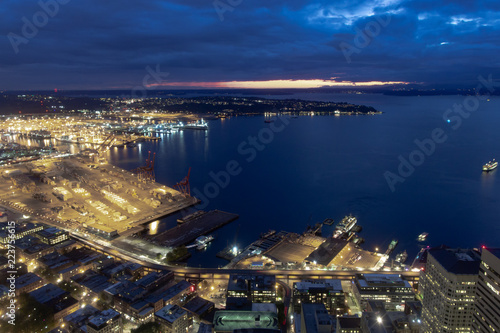 Aerial Seattle Waterfront Ferry Terminal and Dock at Night