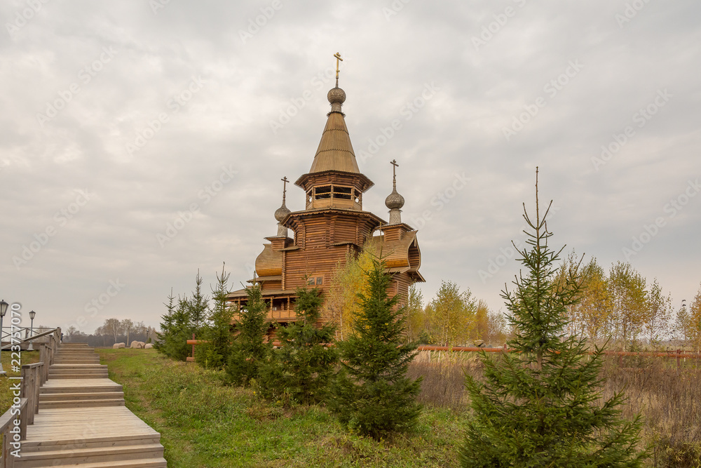 Wooden Orthodox Church of St. Sergius in Svyatogorie in the autumn day, Moscow region, Sergiev Posad district, with. Vzglyadnevo, Russia.