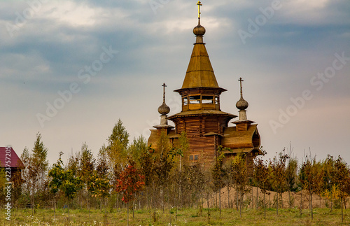 Wooden Orthodox Church of St. Sergius in Svyatogorie in the autumn day, Moscow region, Sergiev Posad district, with. Vzglyadnevo, Russia.