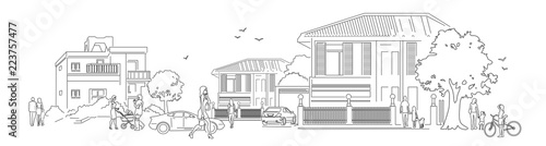 Village houses and people in street