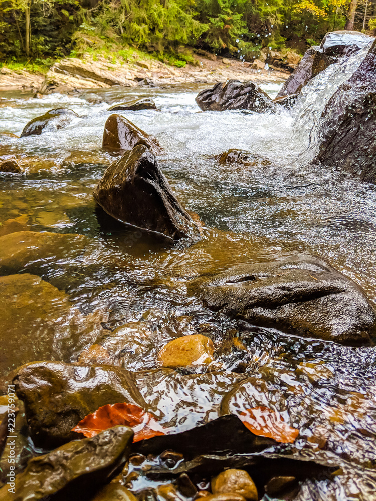 Fototapeta premium The small waterfall in the Ukrainian Carpathian Mountains