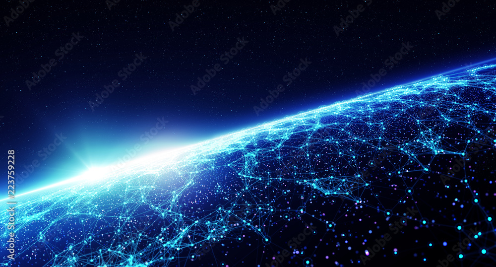 The concept of social network, uniting people around the globe/3D illustration. Connection lines Around Earth Globe, Futuristic Technology Theme Background with Light Effect.