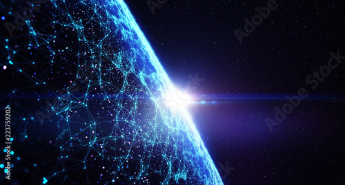 The concept of social network, uniting people around the globe/3D illustration. Connection lines Around Earth Globe, Futuristic Technology Theme Background with Light Effect. photo