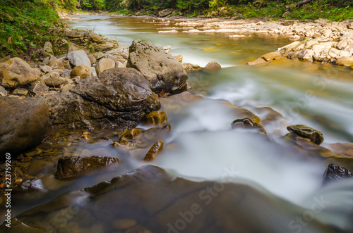 The waterfall on the long exposure in the Carpathian Mountain