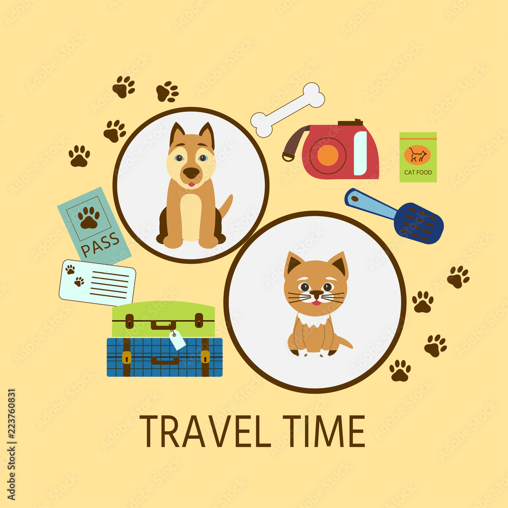 Vector Illustration whith text ''TRAVEL TIME''. Poster or banner travel  with pets animals transportation. Pet friendly icon travel by air or land,  documents for dog or cat and travel elements. Stock Vector |