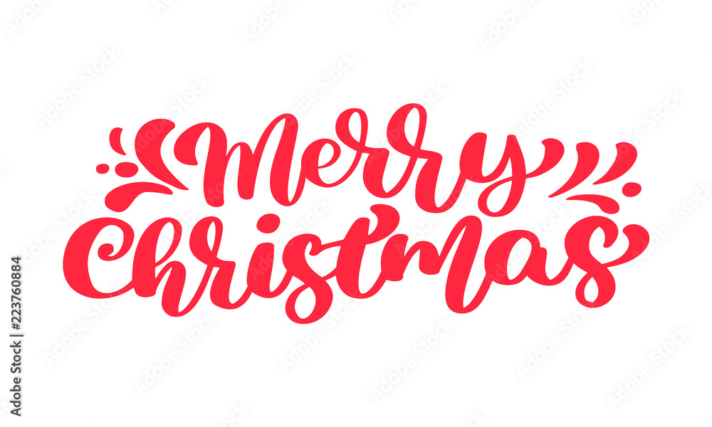 Merry Christmas red vector text Calligraphic Lettering design card template. Creative typography for Holiday Greeting Gift Poster. Calligraphy Font style Banner