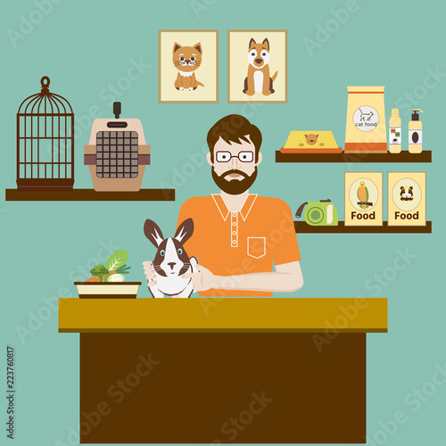 Pet shop seller at a counter in a store opposite shelves with Rabbit in hutch. Flat vector illustration.  Accessories for animals care, food, cage, etc.  Pet shop concept.