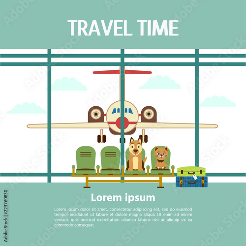 Airport waiting room  with green armchairs for passengers awaiting departure and cat, dog with two suitcase. View of a flying airplane through the window from a Waiting Room. Travel Concept, flat desi