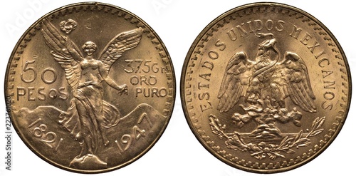 Mexico Mexican golden coin 50 fifty peso 1947, Subject Centennial of Independence, Winged Victory holding laurel wreath and piece of chain, mountains behind, eagle on cactus catching snake,
