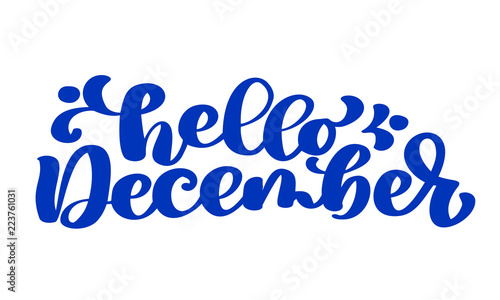 Hello december blue text, hand lettering phrase. Vector Illustration t-shirt or postcard print design, vector calligraphy text design templates, Isolated on white background
