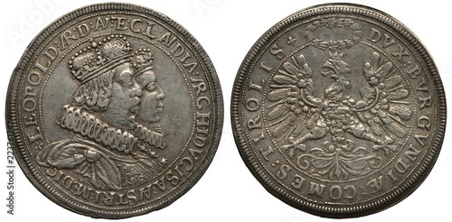 Holy Roman Empire of German Nation silver coin 2 two thalers 1626, rulers Archduke Leopold V and Claudia Medici, conjoined busts in rich clothes, imperial eagle with spread wings, wreath above, photo
