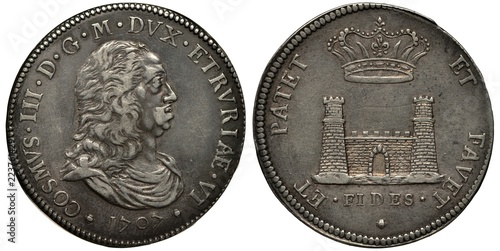 Livorno Toscana Italy Italian silver coin 1 one tallero (thaler) 1707, ruler Cosimo III, bust right, fortress with towers and gate, crown above,  photo