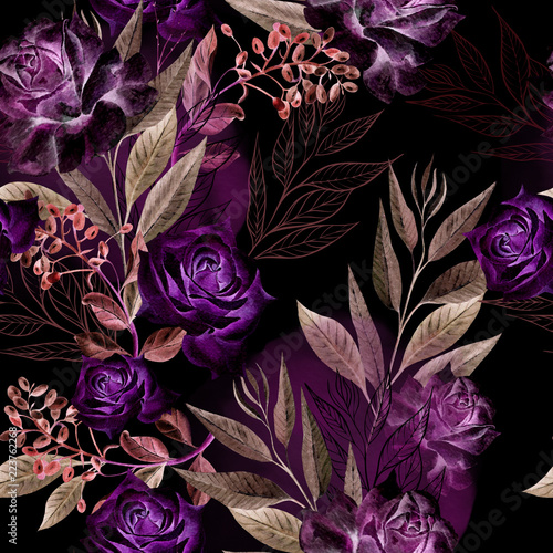 Beautiful watercolor pattern with rose flowers and eucalyptus leaves.