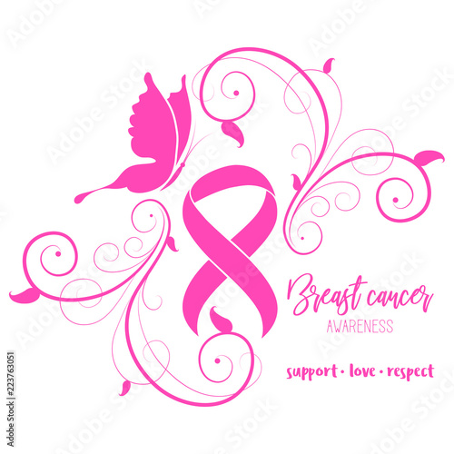 Breast Cancer Awareness Ribbon Background. Health care and medical info. Butterfly sign and pink ribbon. Vector illustration